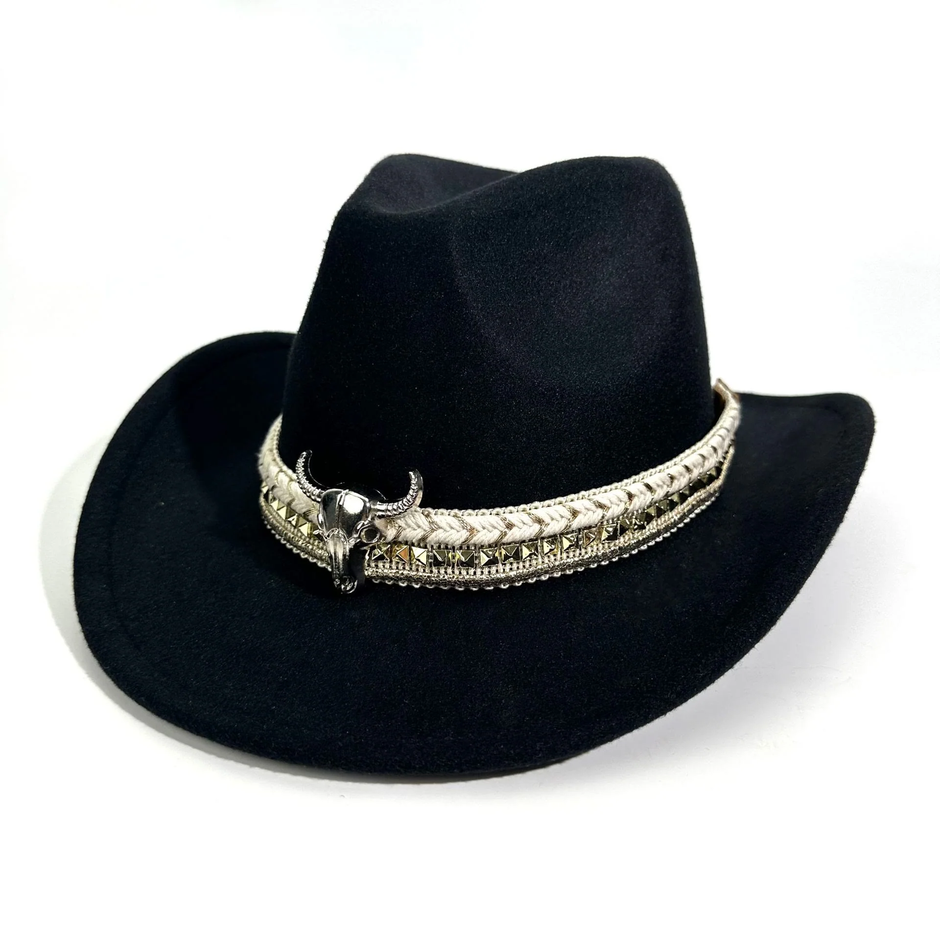 Men's Western Style Metal Bullhead Brim Belt Cowboy Hat