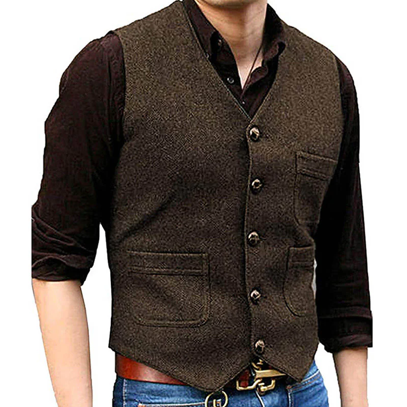 Men's Western Style Retro V-neck Multi Pocket Vest - Image 12