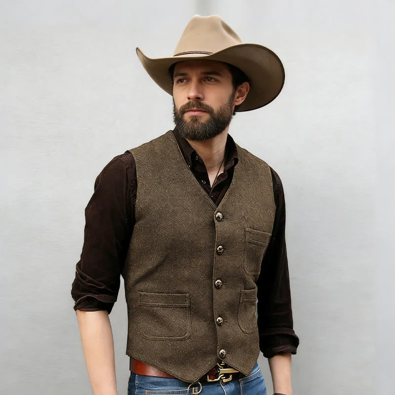 Men's Western Style Retro V-neck Multi Pocket Vest - Image 3