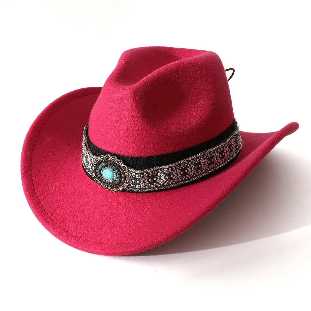Men's Western Style Turquoise Patterned Brim Belt Cowboy Hat - Image 7