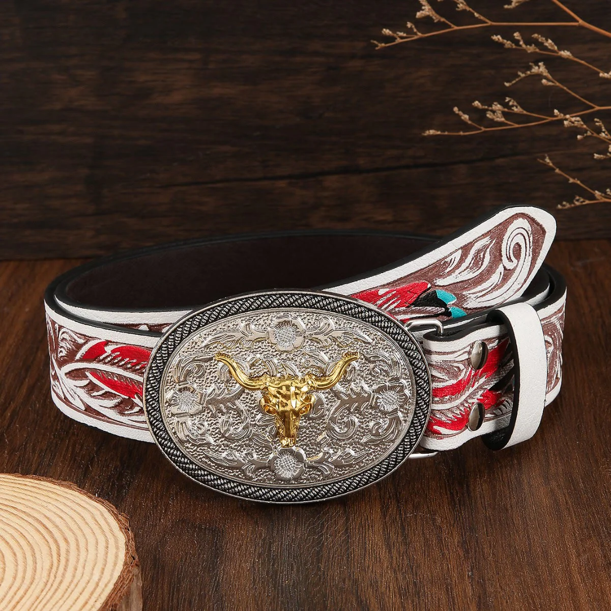 Men's Western Style Two Tone Bull Skull Emblem Leather Belt