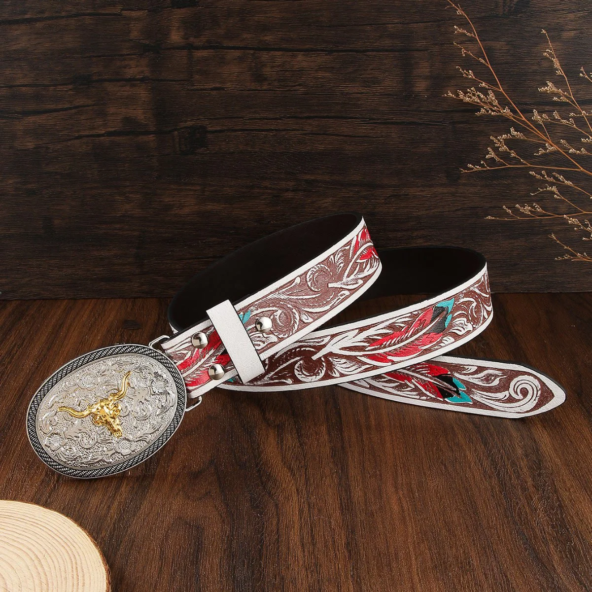 Men's Western Style Two Tone Bull Skull Emblem Leather Belt - Image 3