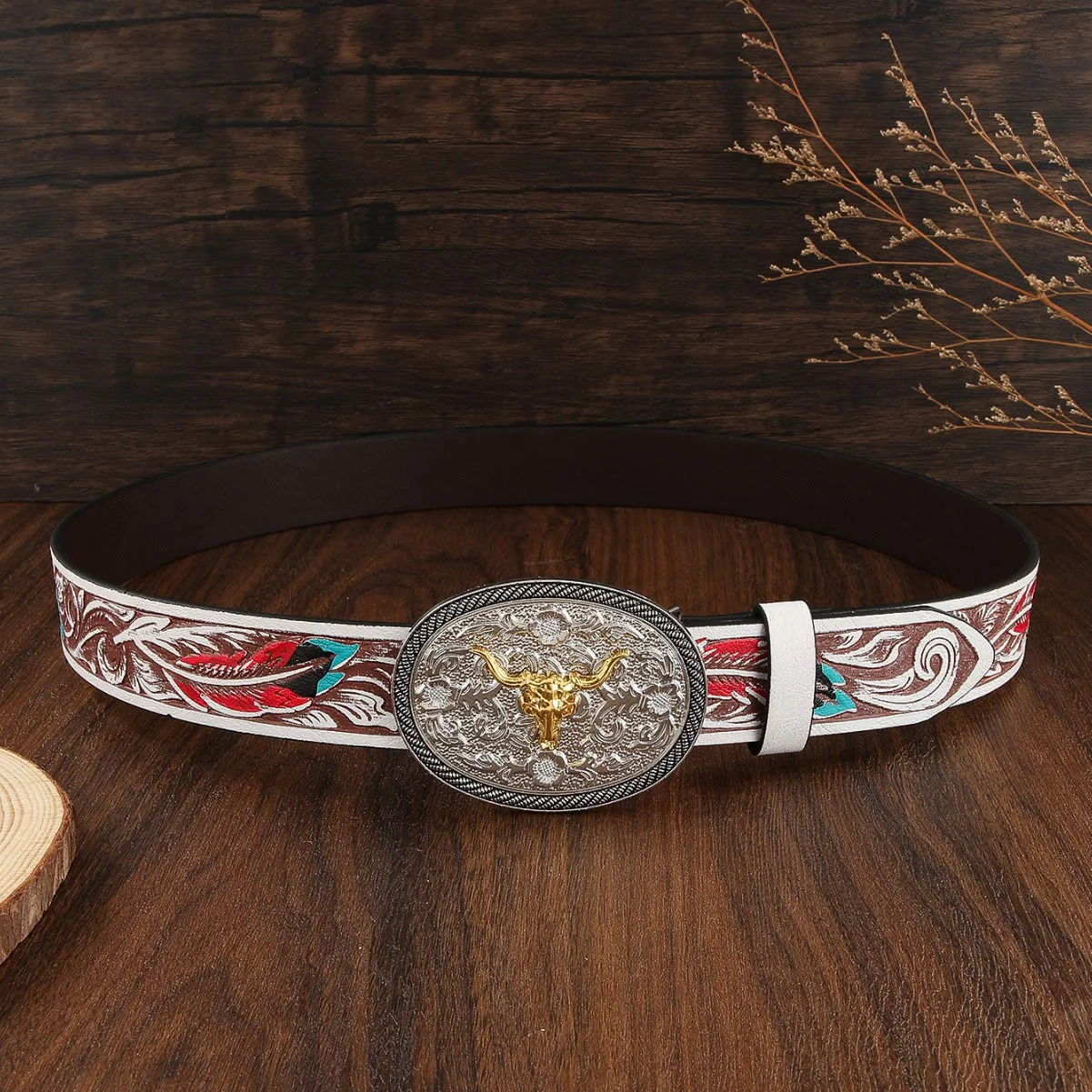 Men's Western Style Two Tone Bull Skull Emblem Leather Belt - Image 4