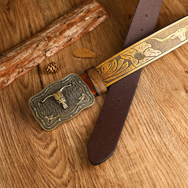 Men's Western Totem Bull Head Leather Belt - Image 2