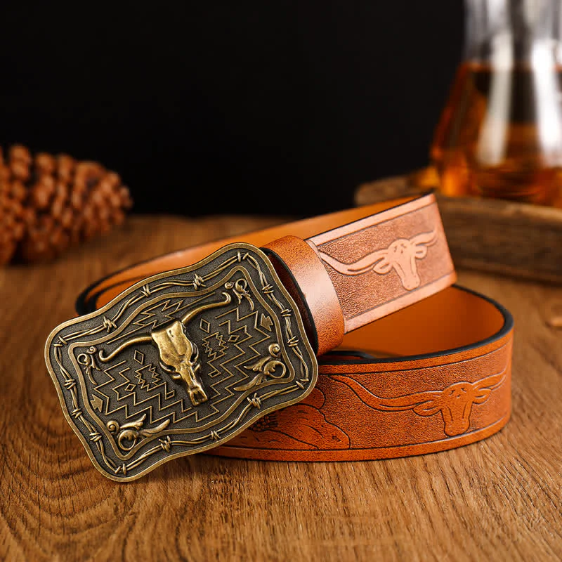 Men's Western Totem Bull Head Leather Belt - Image 3