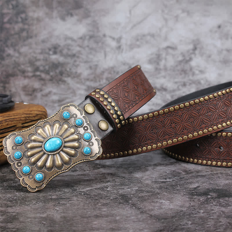 Men's Western Turquoise Stone Embellishment Leather Belt - Image 4