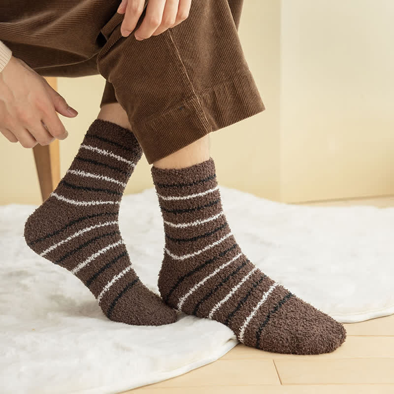 Men's White Stripes Fuzzy Coral Fleece Sleep Crew Socks - Image 9