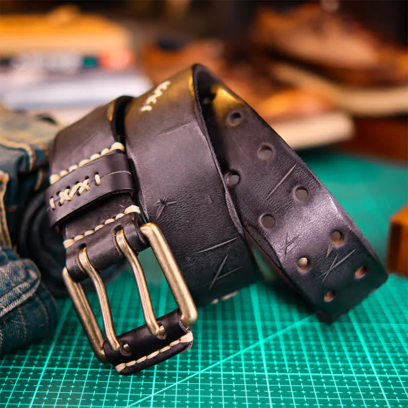 Men's Wide Double Pin Buckle Leather Belt - Image 11