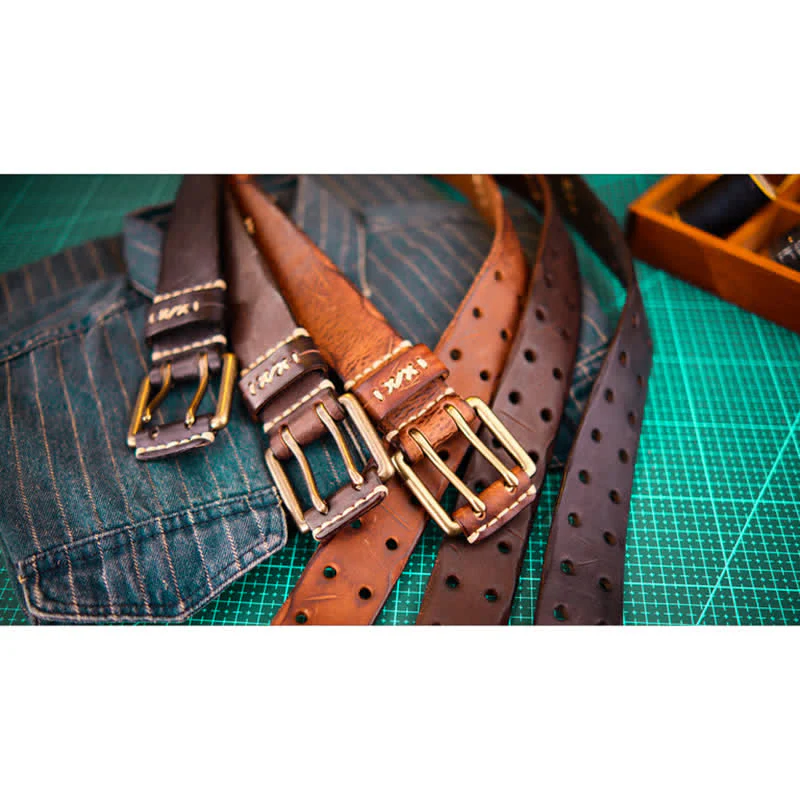 Men's Wide Double Pin Buckle Leather Belt - Image 3