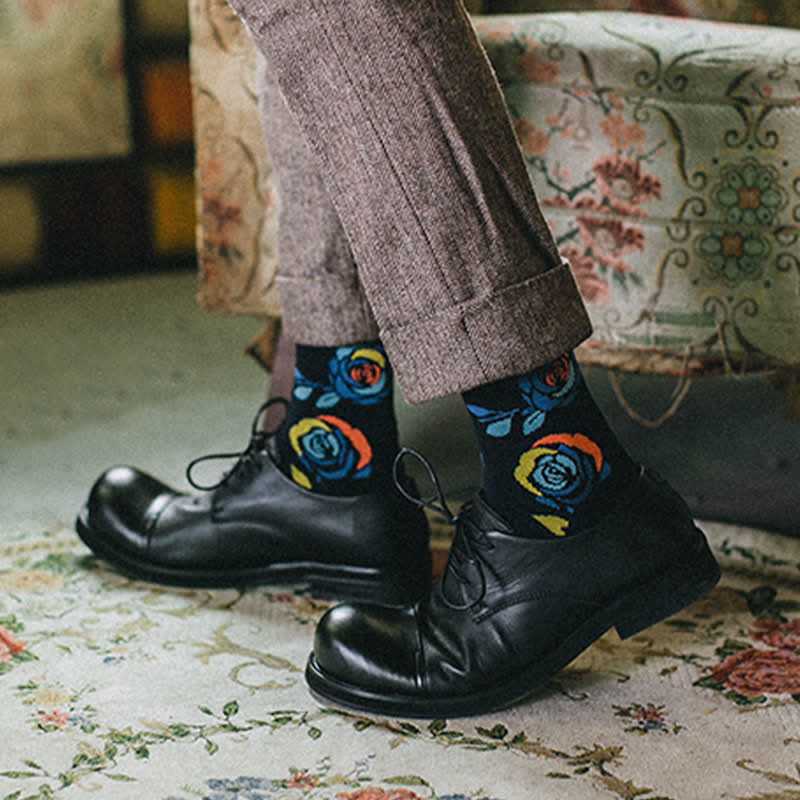 Men's Navy Wild Blue Roses Crew Socks - Image 3