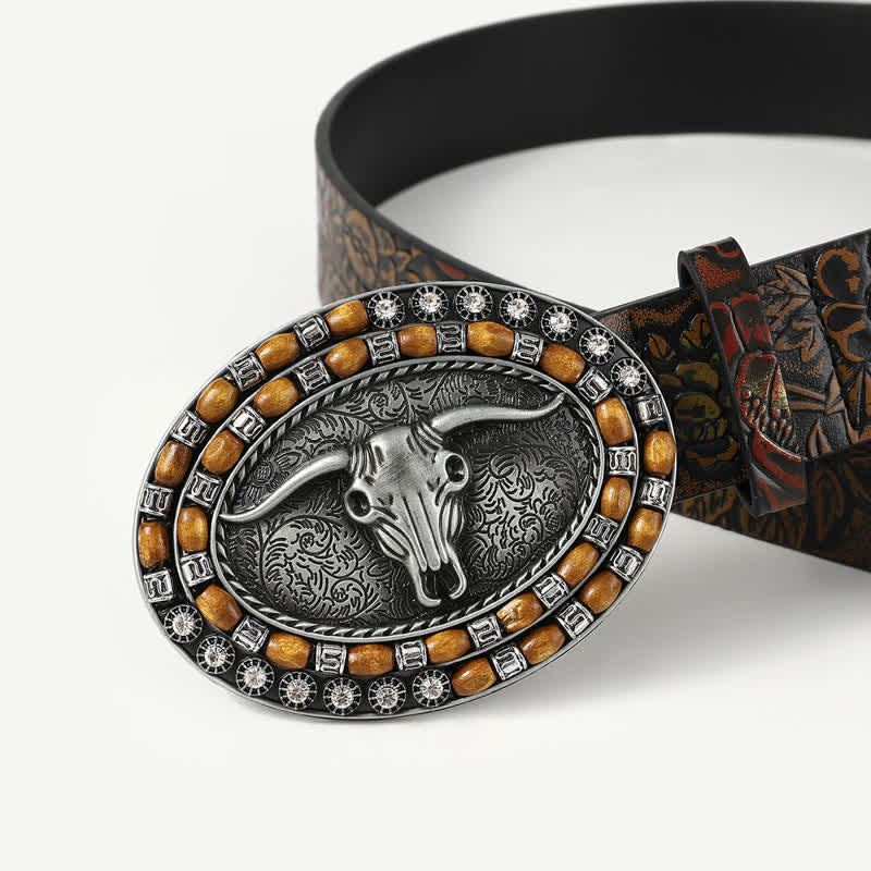 Men's Wooden Beads Carving Bull Head Leather Belt - Image 4