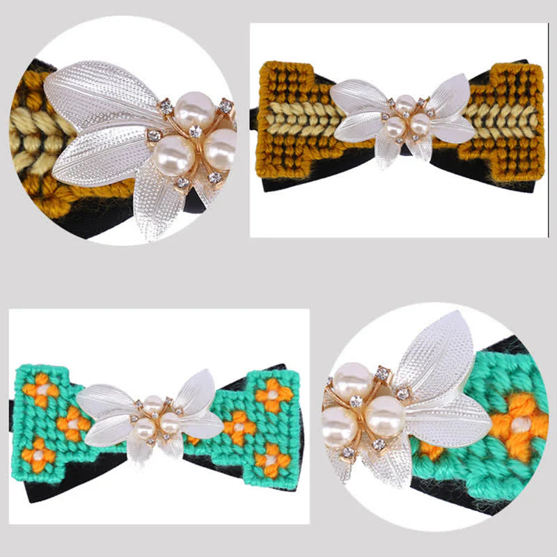 Men's Wool Weave Pearl Rinestone Flower Bow Tie - Image 8