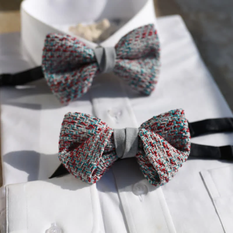 Men's Woven Gray Pink Blue Mix Color Bow Tie - Image 2