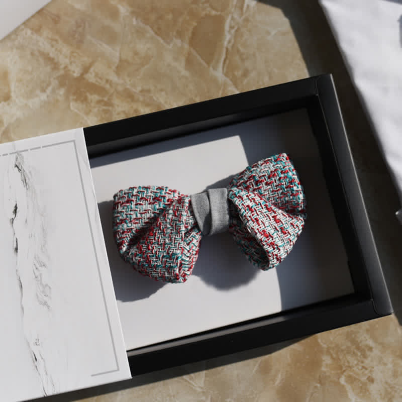 Men's Woven Gray Pink Blue Mix Color Bow Tie - Image 3
