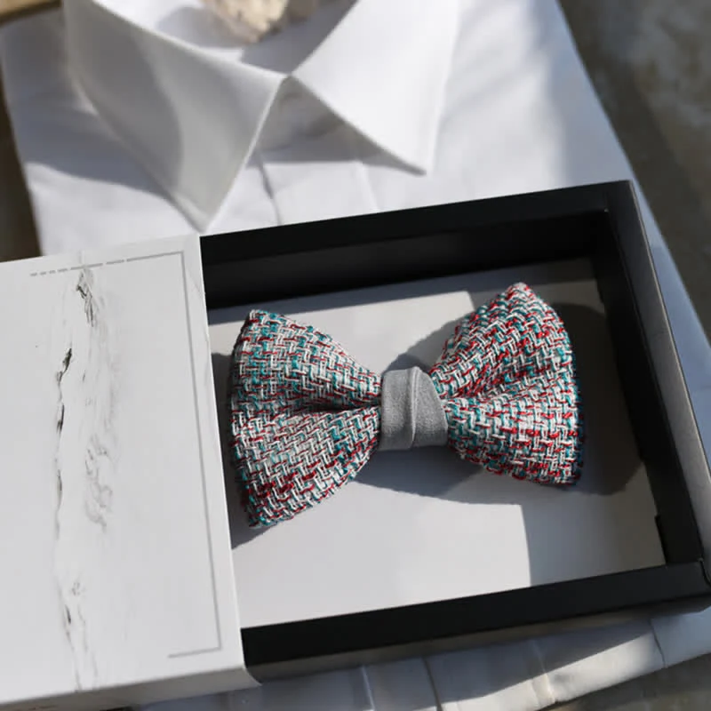 Men's Woven Gray Pink Blue Mix Color Bow Tie - Image 5