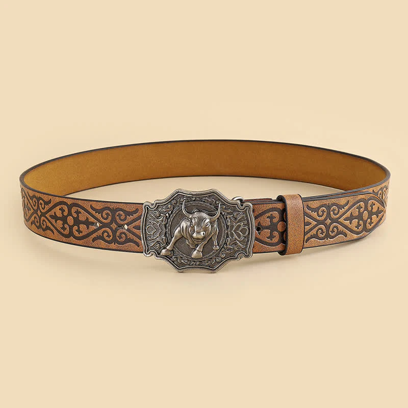 Men's Yak Matador Bull Engraved Floral Leather Belt - Image 4