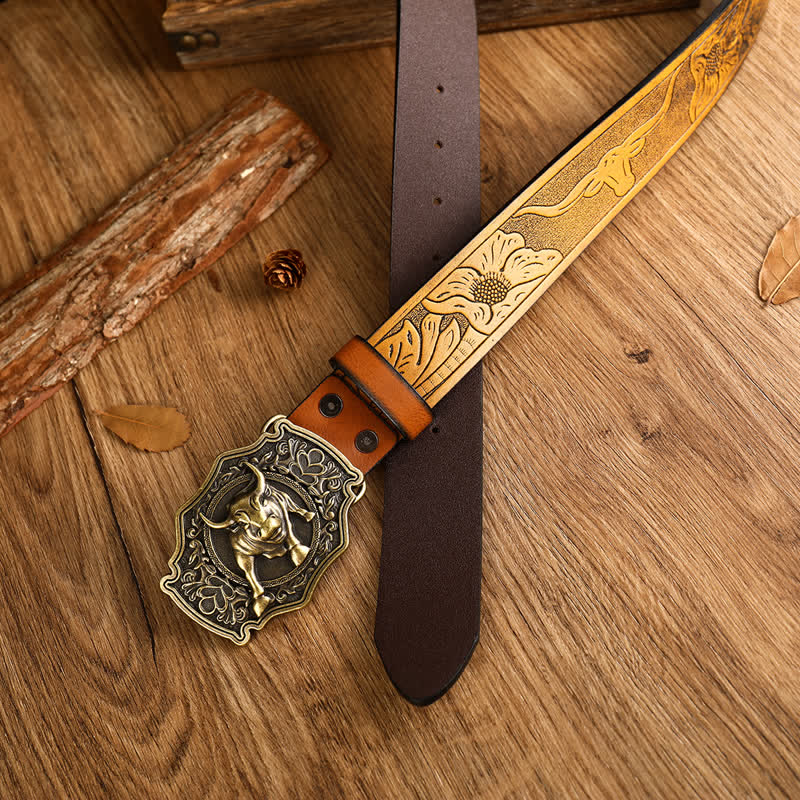Men's Yak Matador Style Bull Buckle Leather Belt - Image 8