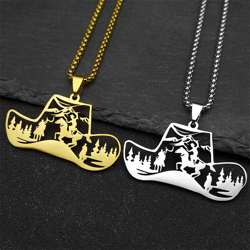Metal Chain Western Cowboy Hat Scene Pendant Necklace