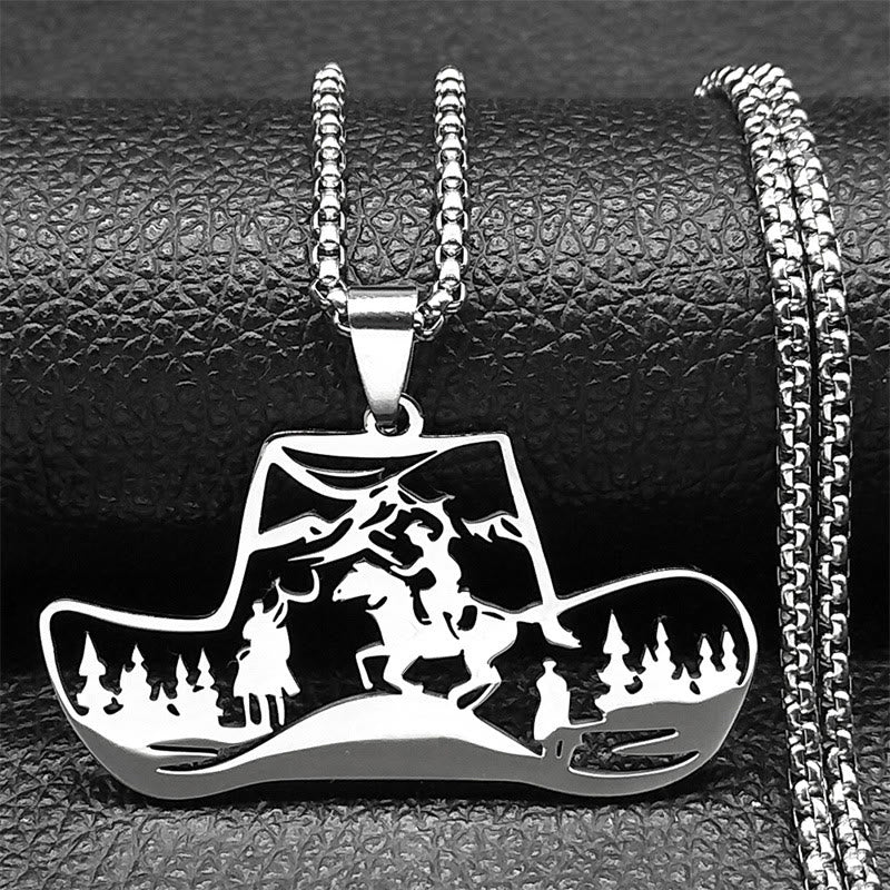 Metal Chain Western Cowboy Hat Scene Pendant Necklace - Image 2