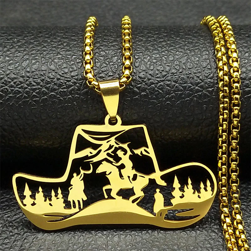 Metal Chain Western Cowboy Hat Scene Pendant Necklace - Image 3