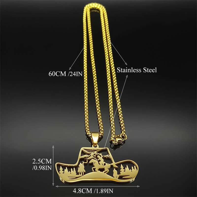 Metal Chain Western Cowboy Hat Scene Pendant Necklace - Image 4