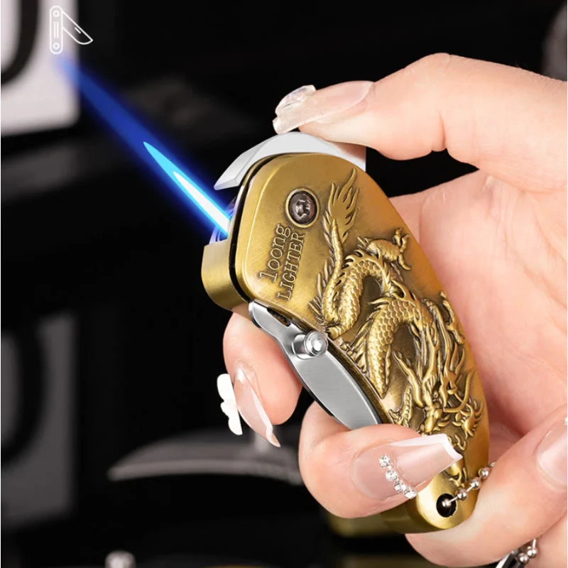 Metal Relief Dragon Folding Knife Butane Lighter