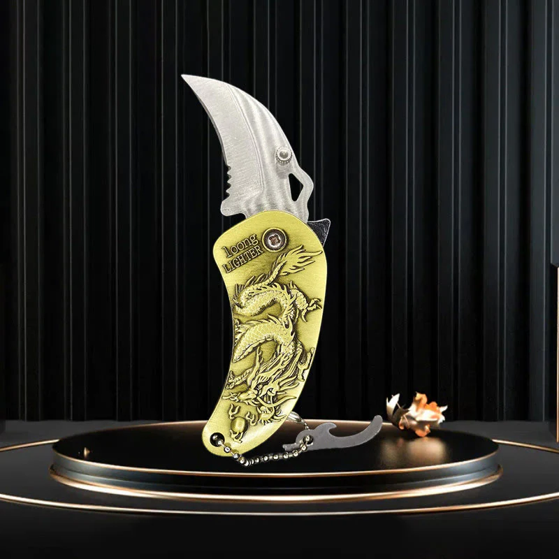 Metal Relief Dragon Folding Knife Butane Lighter - Image 2