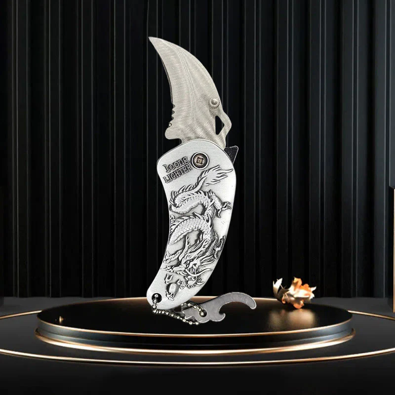 Metal Relief Dragon Folding Knife Butane Lighter - Image 3