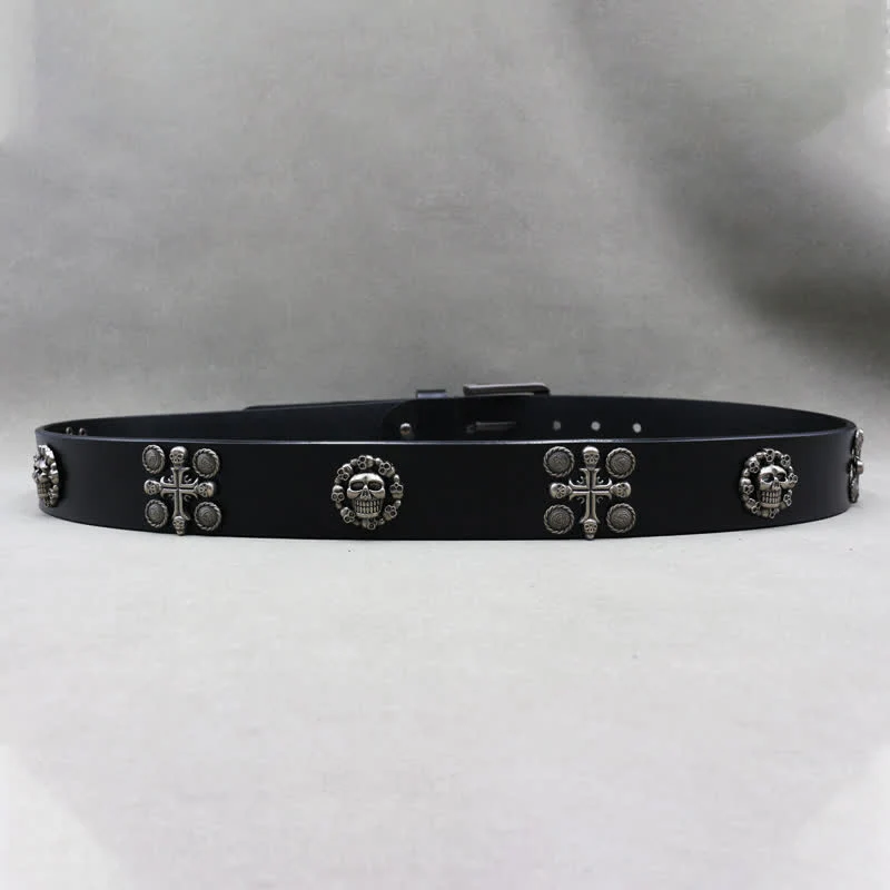 Metal Rivet Skull & Cross Pattern Studded Leather Belt - Image 6