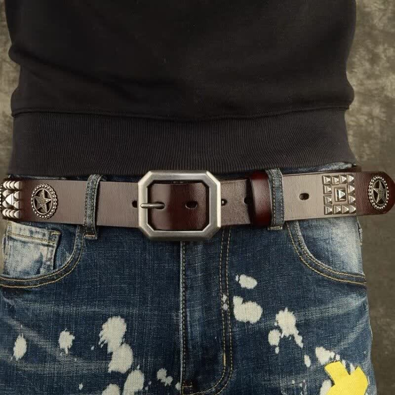 Metal Star Rivet Studded Punk Biker Leather Belt - Image 2