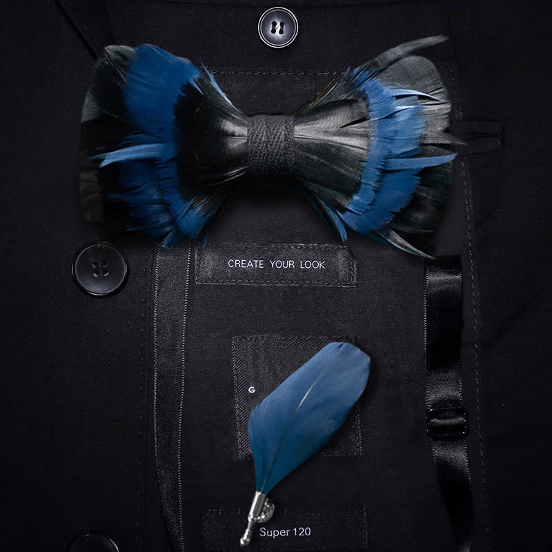 MidnightBlue & Black Feather Bow Tie with Lapel Pin