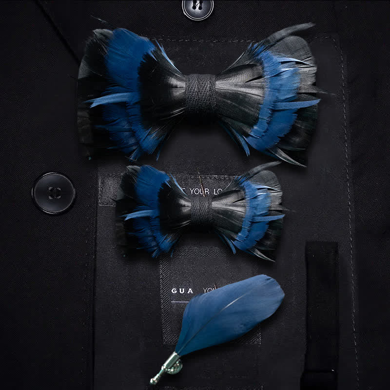 MidnightBlue & Black Feather Bow Tie with Lapel Pin - Image 5