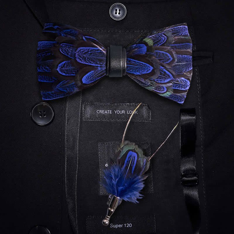 Royal Blue & Black Peacock Feather Bow Tie with Lapel Pin