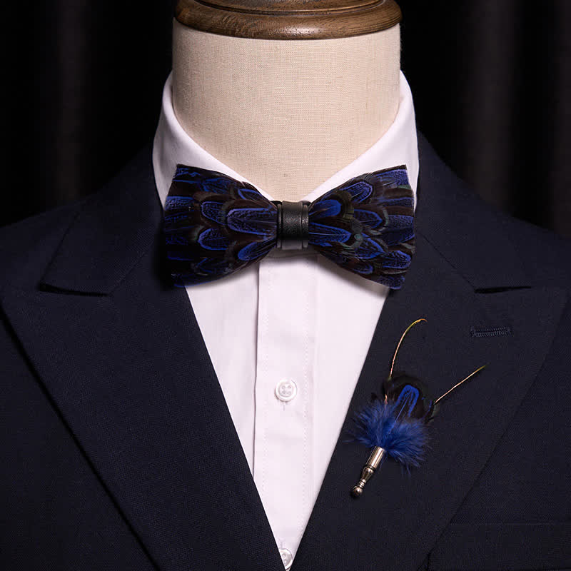 Royal Blue & Black Peacock Feather Bow Tie with Lapel Pin - Image 2