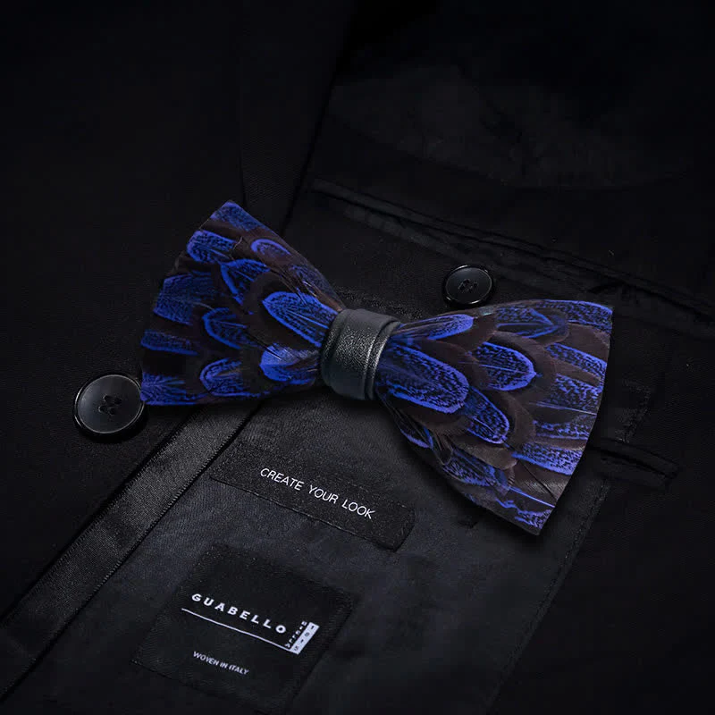 Royal Blue & Black Peacock Feather Bow Tie with Lapel Pin - Image 3