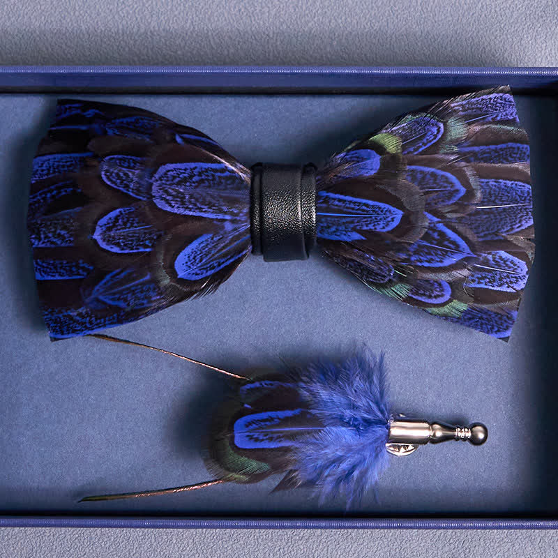 Royal Blue & Black Peacock Feather Bow Tie with Lapel Pin - Image 4