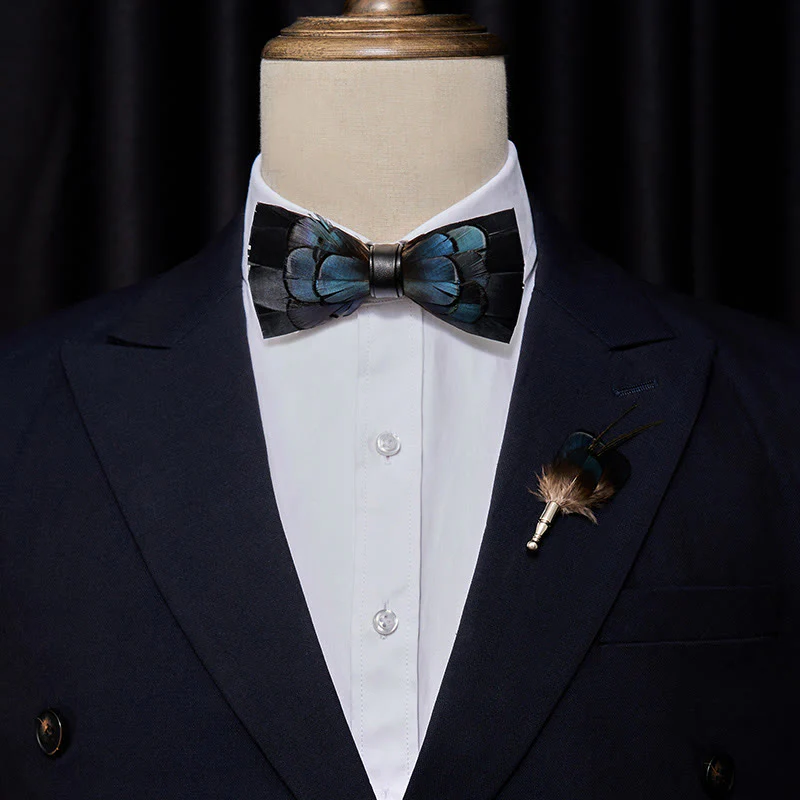 MidnightBlue Mysterious Feather Bow Tie with Lapel Pin - Image 2