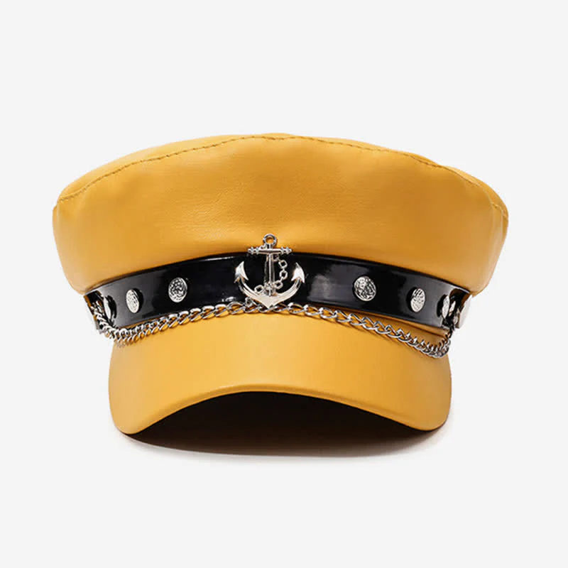 Military-Style Anchor Studded Leather Beret Hat With Chain - Image 2
