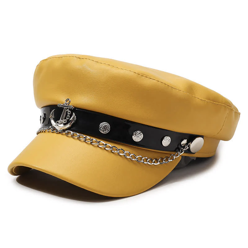 Military-Style Anchor Studded Leather Beret Hat With Chain - Image 3