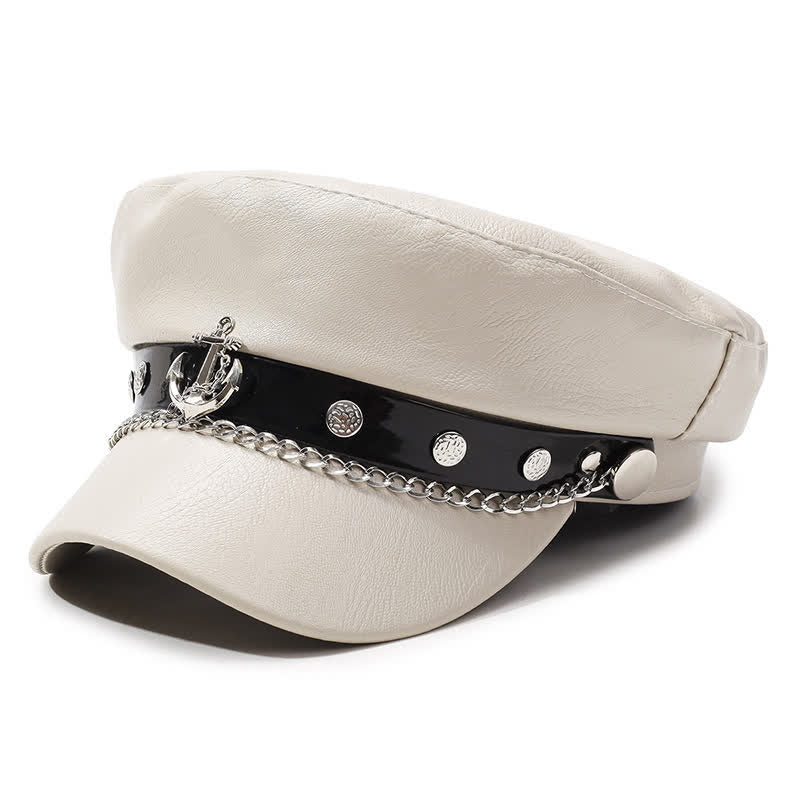 Military-Style Anchor Studded Leather Beret Hat With Chain - Image 9
