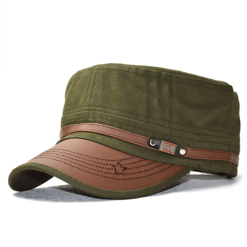 Military-Style Leather Accents & Star Embroidery Flat Top Hat - Image 10