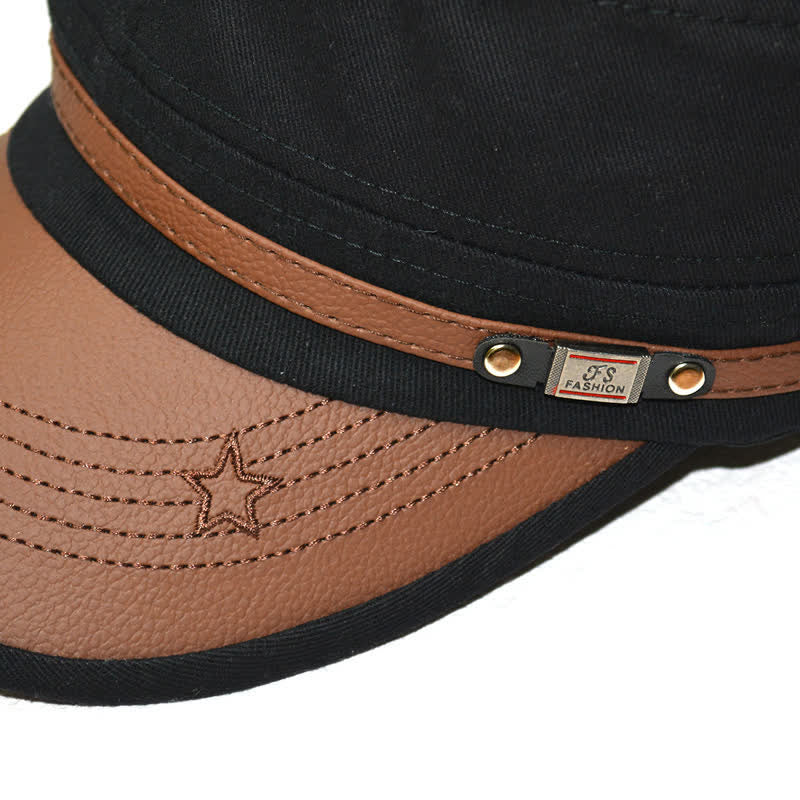 Military-Style Leather Accents & Star Embroidery Flat Top Hat - Image 3