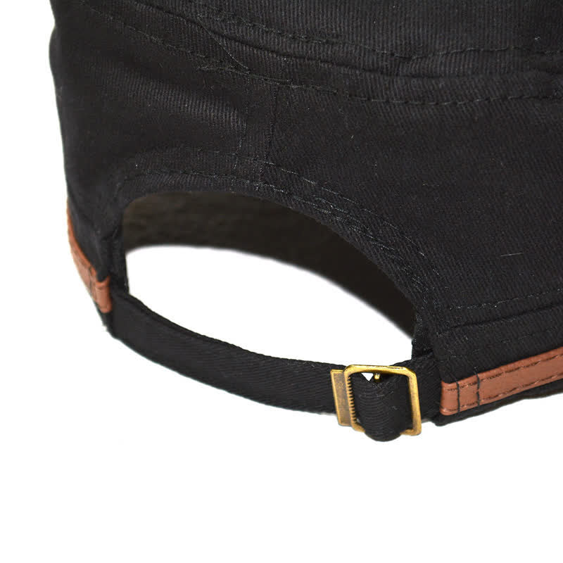 Military-Style Leather Accents & Star Embroidery Flat Top Hat - Image 4
