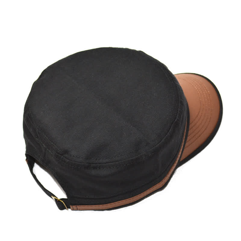 Military-Style Leather Accents & Star Embroidery Flat Top Hat - Image 6