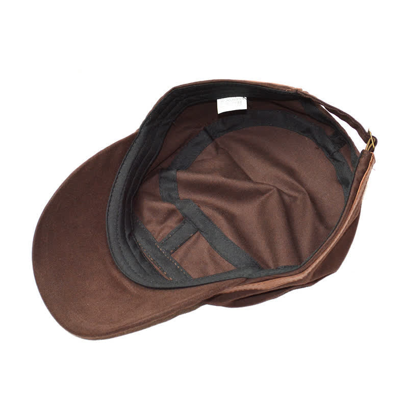 Military-Style Leather Accents & Star Embroidery Flat Top Hat - Image 7