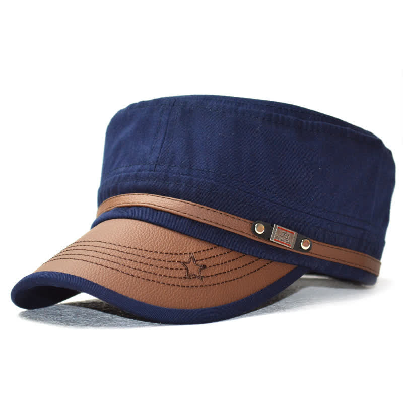 Military-Style Leather Accents & Star Embroidery Flat Top Hat - Image 8