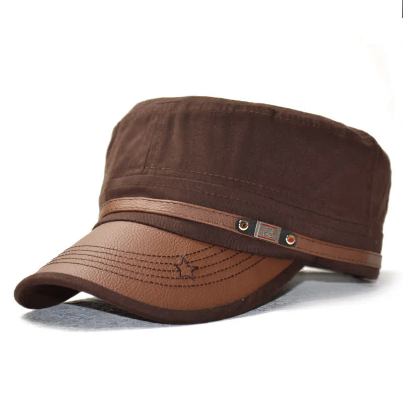 Military-Style Leather Accents & Star Embroidery Flat Top Hat - Image 9