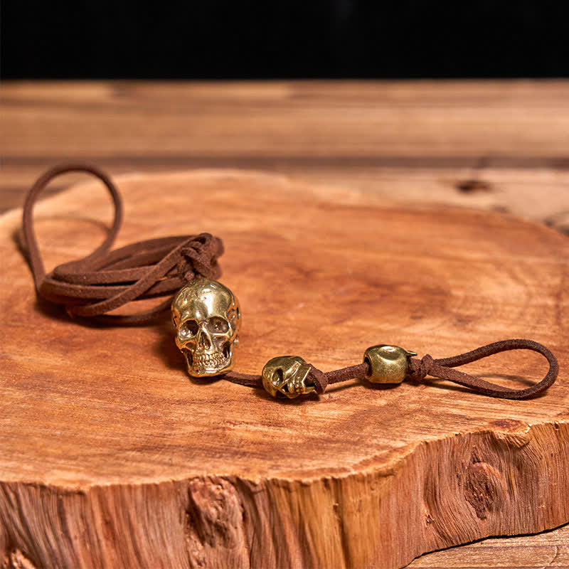 Motorcycle Accessory Brass Skull Head Leather Keychain - Image 2