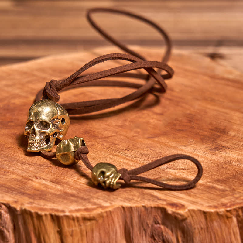 Motorcycle Accessory Brass Skull Head Leather Keychain - Image 4