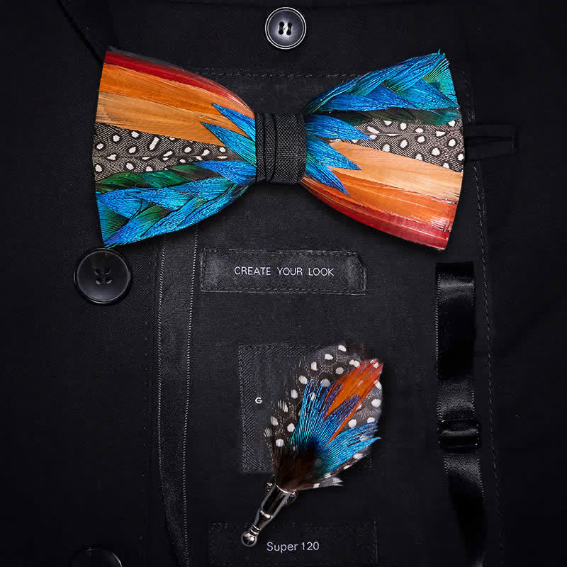 Multi-color Diagonal Rainbow Feather Bow Tie With Lapel Pin